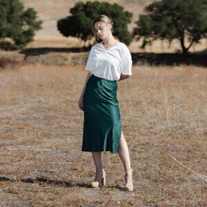 Green silky formal midi skirt